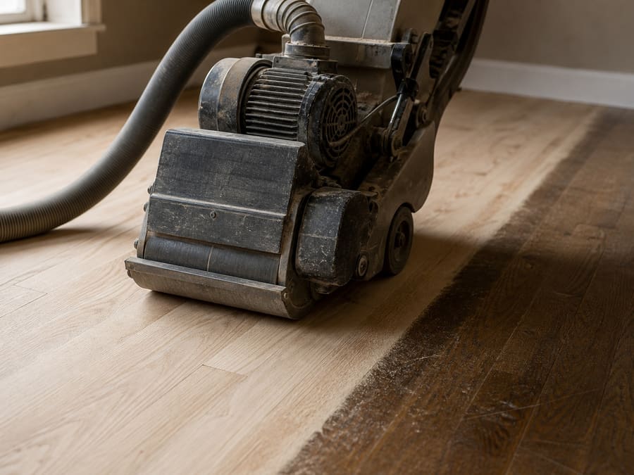 A hardwood floor part way through sanding, bare wood on one side and finished boards on the other